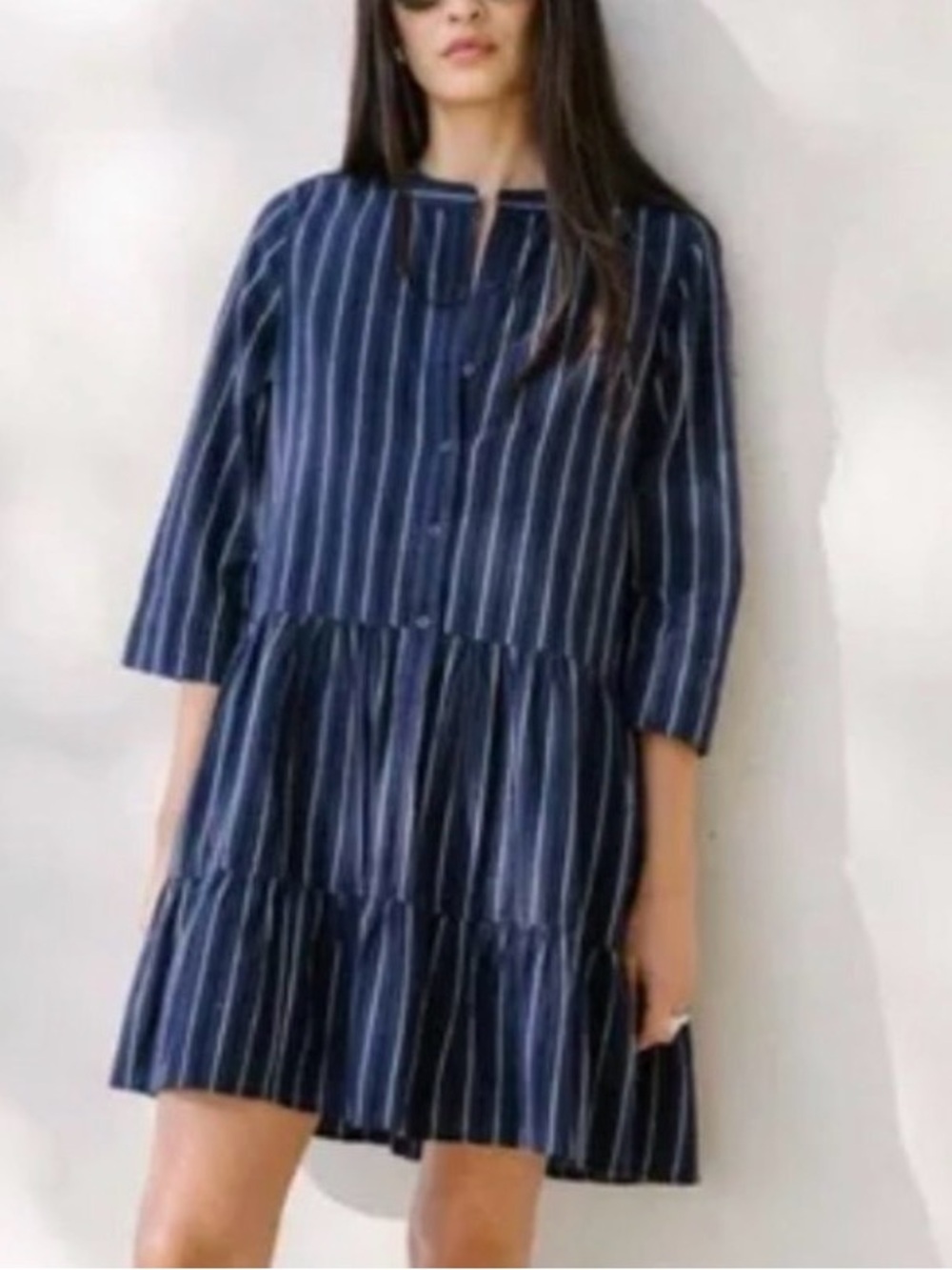A Piece Apart Navy Blue Vertical Stripe Tiered Shirt Dress